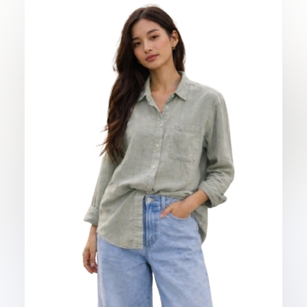 Altar'd State Light Olive Green Linen Blend Blouse Button Front Pocket Size S